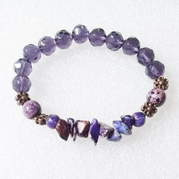 🍂🍁🍃 3/$25!!! Purple Semi-Precious Stone & Glass Beads Bracelet 6-6.5" - Picture 7 of 10